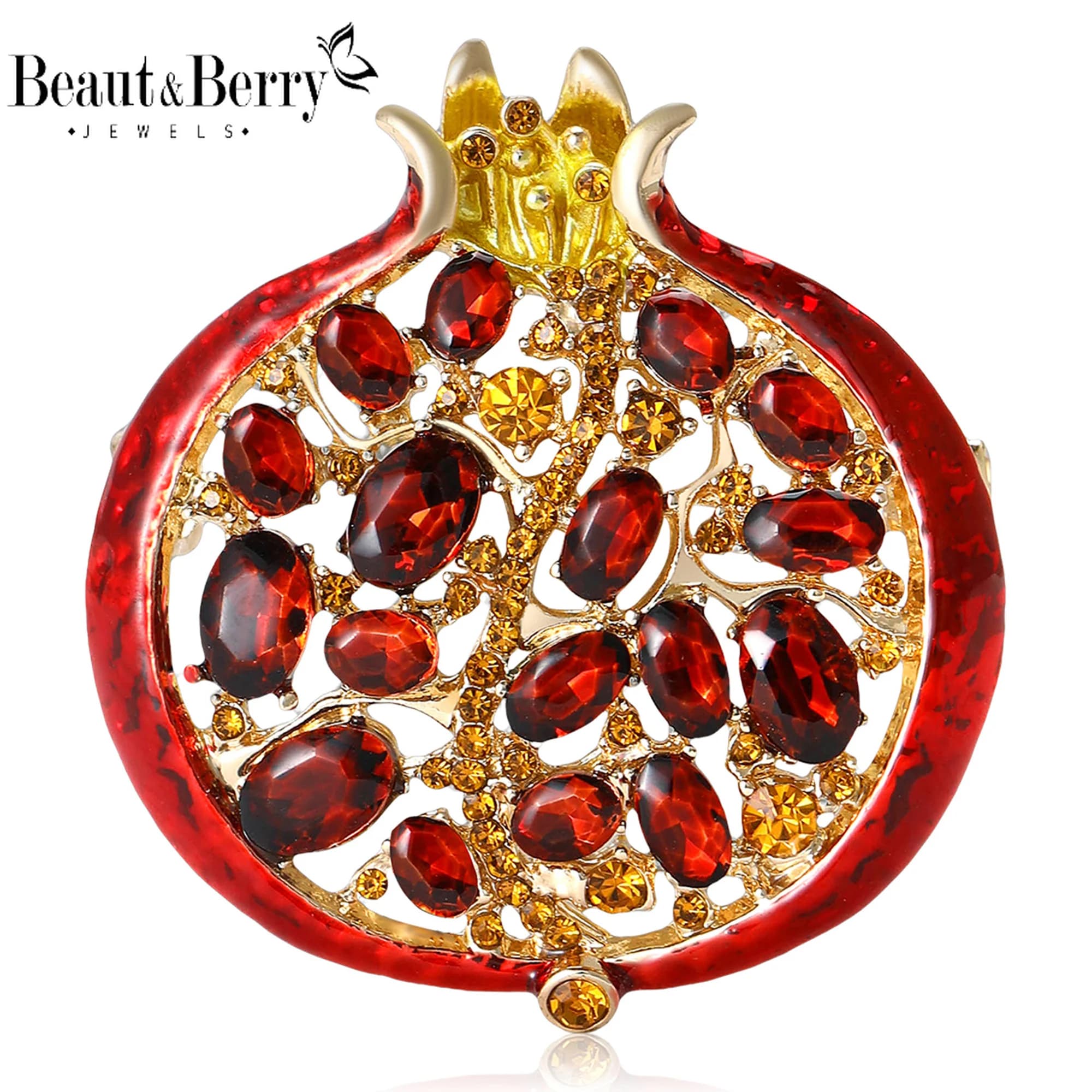 Beaut&Berry Luxury Rhinestone Pomegranate Brooches for Women Enamel Fruit Plant Pins Casual Party Accessories New Gifts Friends
