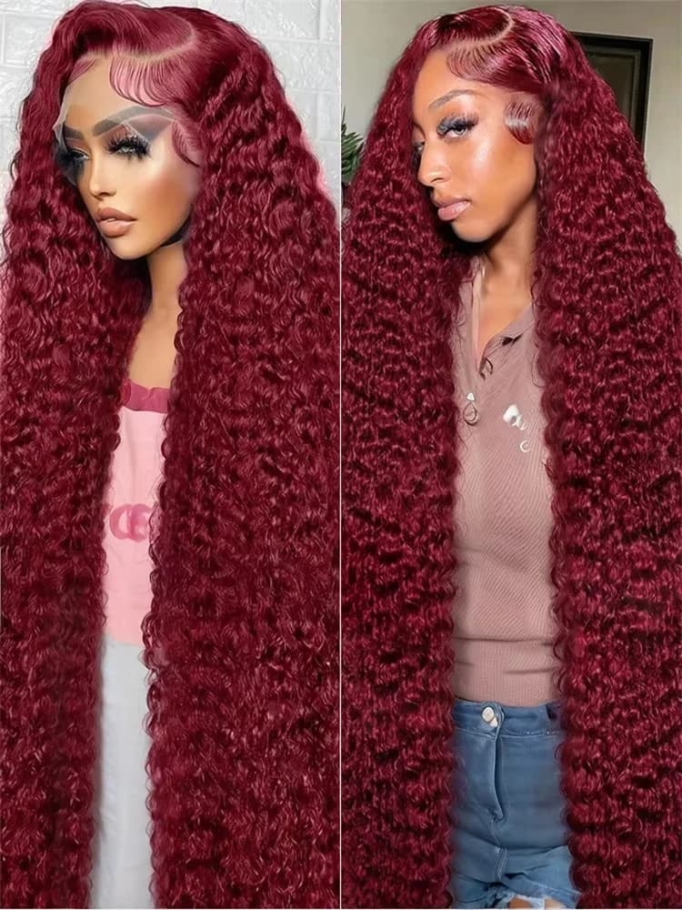 30 40 Inch 99J Burgundy Deep Wave 13x6 Hd Lace Frontal Human Hair Wig Red Colored 13x4 Transparent Lace Curly Frontal Wigs