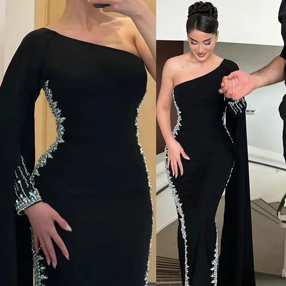 Customized Prom Dress One Shoulder Long Sleeve Gown Mermaid Sexy Backless Formal Party Black Evening Gowns for Women Saudi Arabi
