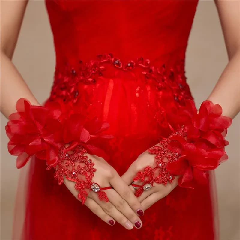Women Red Lace Bridal Wrist Floral Gloves Elegant Opera Evening Party Wedding Tea Party Prom Cosplay Gloves