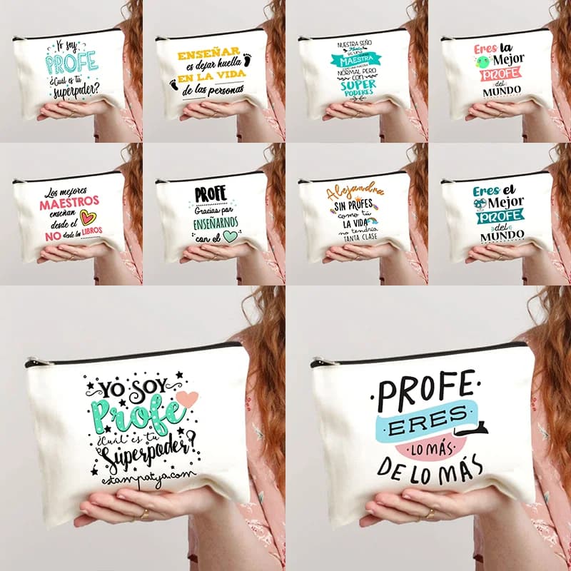 Spanish Printed Teacher Life Makeup Pouch Pencil Case School Stationery Supplies Storage Bags Travel Makeup Wash Organizer Gifts
