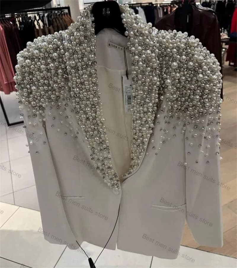 White Pearls Women Suit Set 2 Piece Blazer+Pants Trousers Elegant Formal Office Jacket Customized Wedding Tuxedos Spring Coat