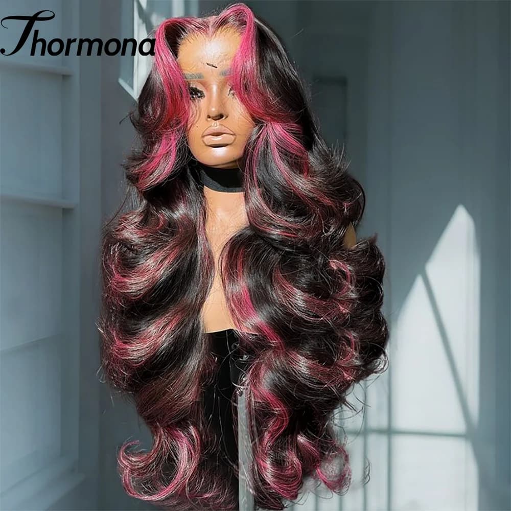 Pink Highlight Colored Lace Front Wig Synthetic Glueless Loose Wave Pre Plucked 13x4 HD Transparent Lace Frontal Wigs For Women
