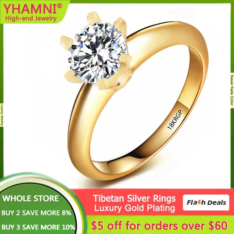 Fashion Delicate Yellow Gold Color Allergy Free Tibetan Silver Ring High Quality Cubic Zirconia Wedding Band Jewelry For Women