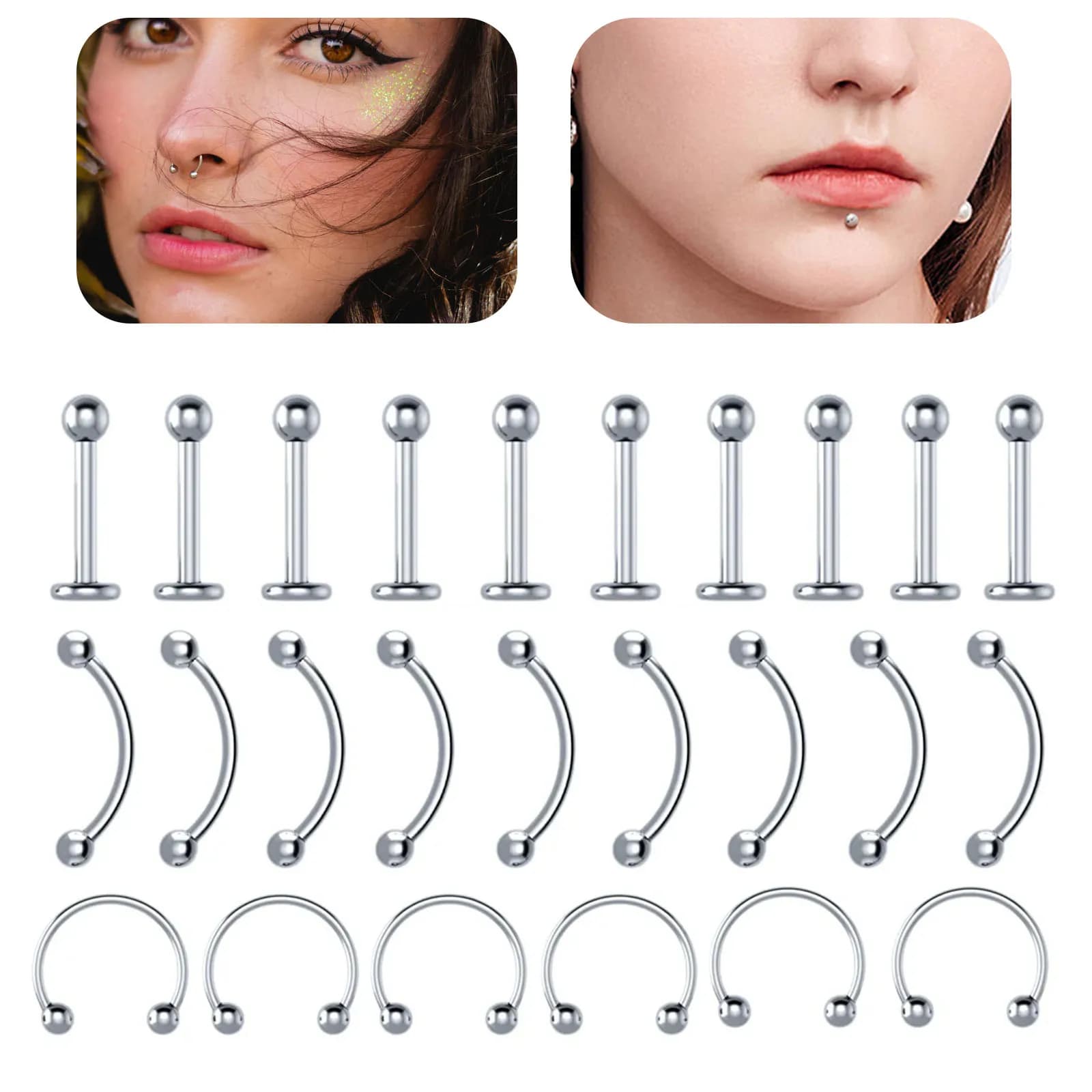 10PCS Stainless Steel Body Jewelry Kit - Lip Rings, Tongue Studs, Nipple Bars, Professional Piercing Set for Men & Women