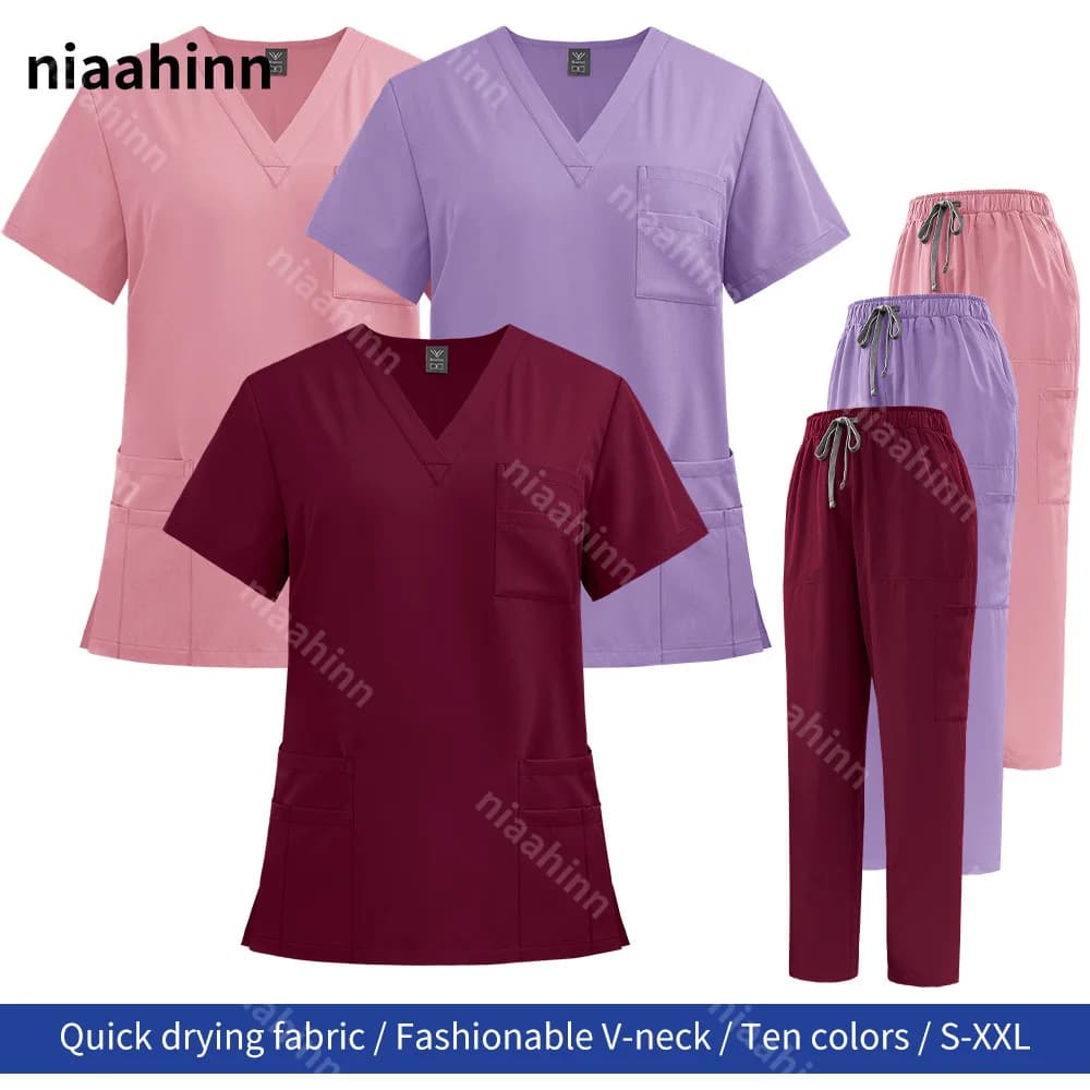 Anti-Wrinkle Veterinary Workwear Soft Fabric Polyester Spandex Suit Washable Nursing Scrub Set for Womens Nursing Scrub Uniforms