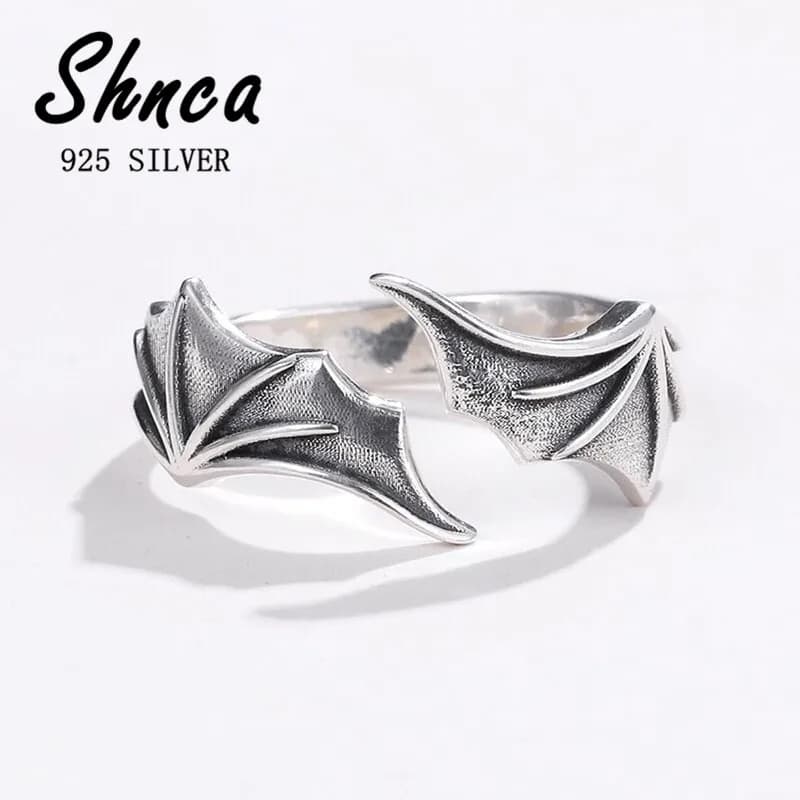 925 Sterling Silver Devil Wings Feather Thai Silver Open Rings For Women Girl Female Sterling-silver-jewelry Bague LR210
