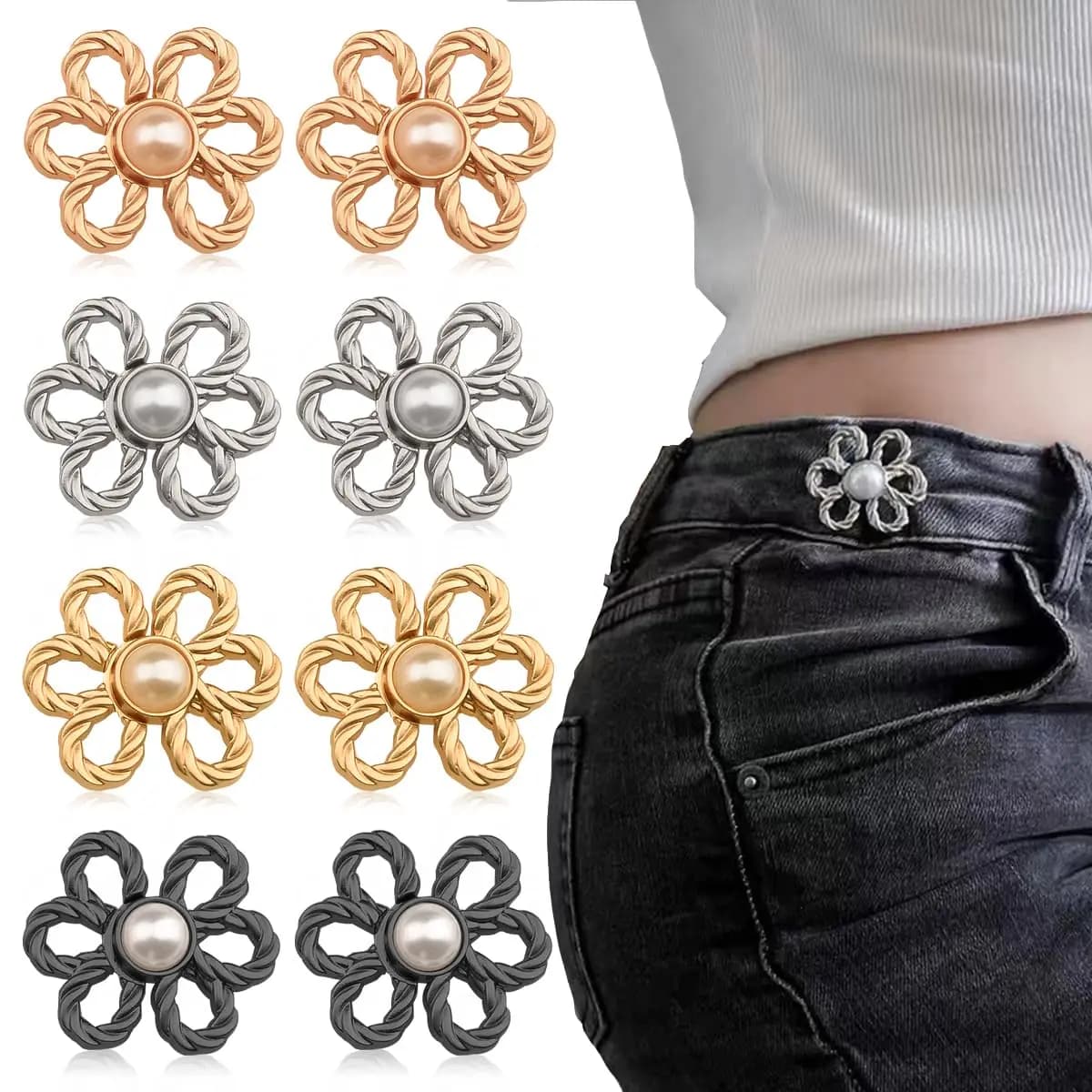 2pairs Waist Metal Flower Adjustable Tighten Invisibility Decoration Couple Buckles Pants Skirts Size Change From Large To Small