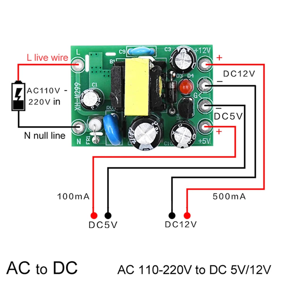 New Hot Mini AC-DC Converter AC 110V 220V To DC 12V 0.2A+5V Module Board Wholesale XH-M299