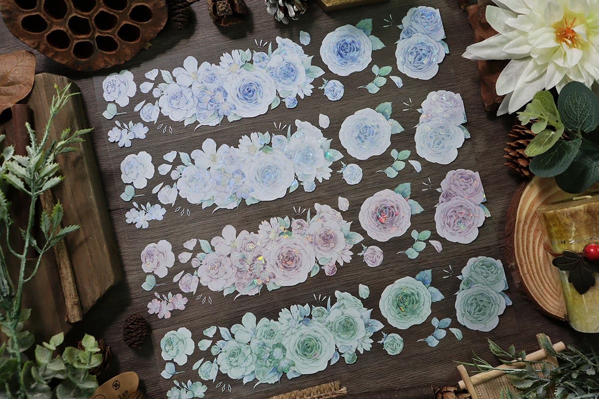 1 Loop V1 - Soft Color Spring Floral Blue Pink Rose Flower Shiny Washi PET Tape