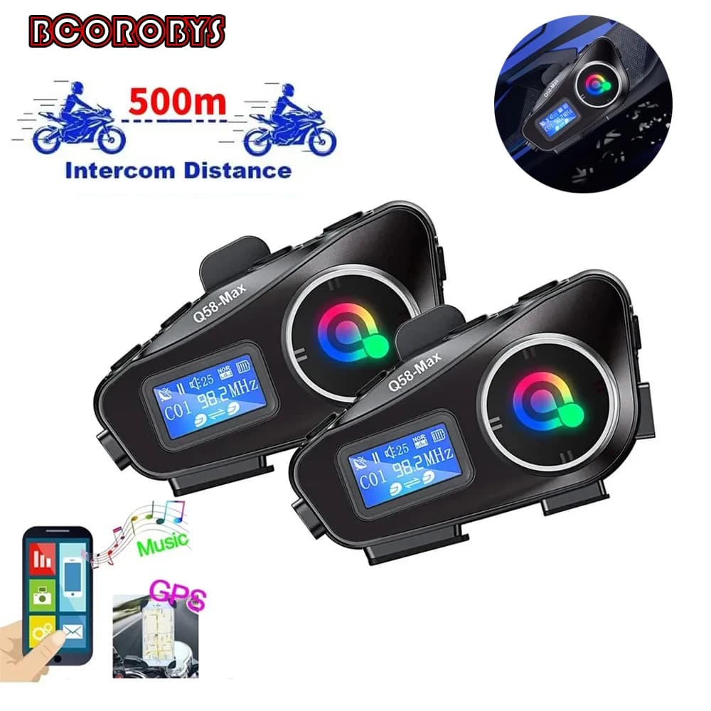 Q58-Max Motorcycle Helmet Intercom Bluetooth Headset LCD Display 2 Riders Music Share with LED Light 500M Interphone