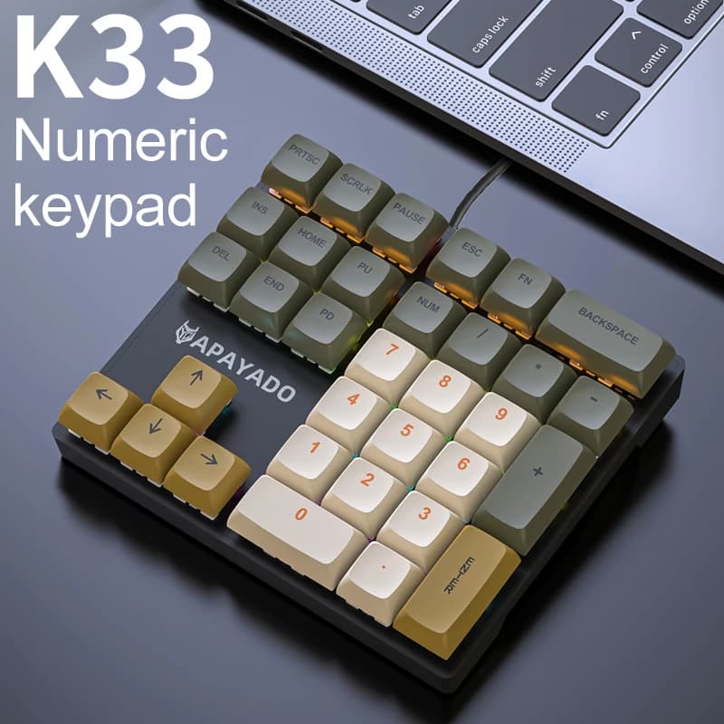 APAYADO K33 Mini Numeric Keyboard 33Keys,Blue Mechanical Shaft,RGB,PBT Keycaps for Treasury / Accounting / Finance