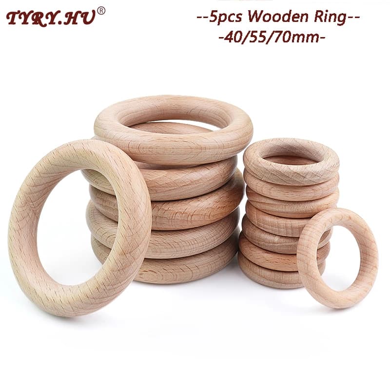 5Pcs Wooden Ring Circle Beech DIY Molar Rod Toys Wood Necklace Pendant Food Grade Beech Wood Teething Baby Teether 40/55/70mm