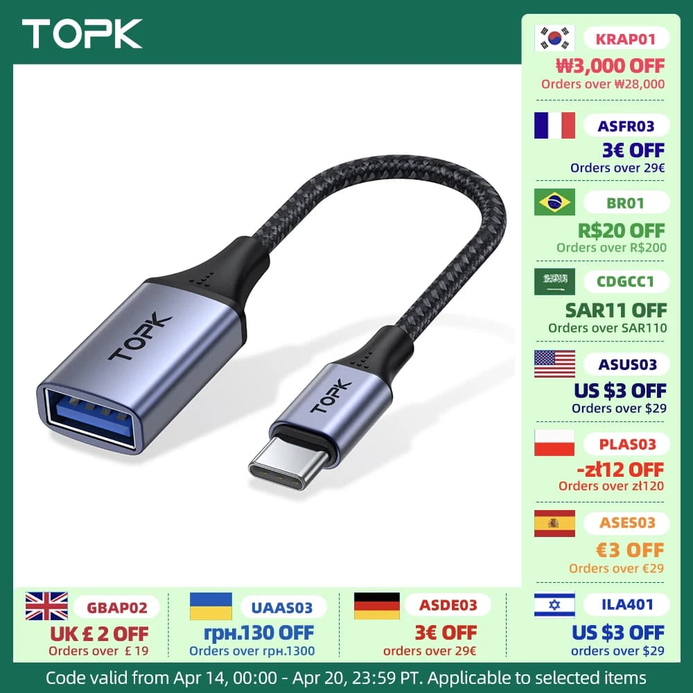 TOPK USB C to USB A Dapter OTG Cable Type C Male to USB 2.0 Female Cable for MacBook Pro Samsung Type C Adapter