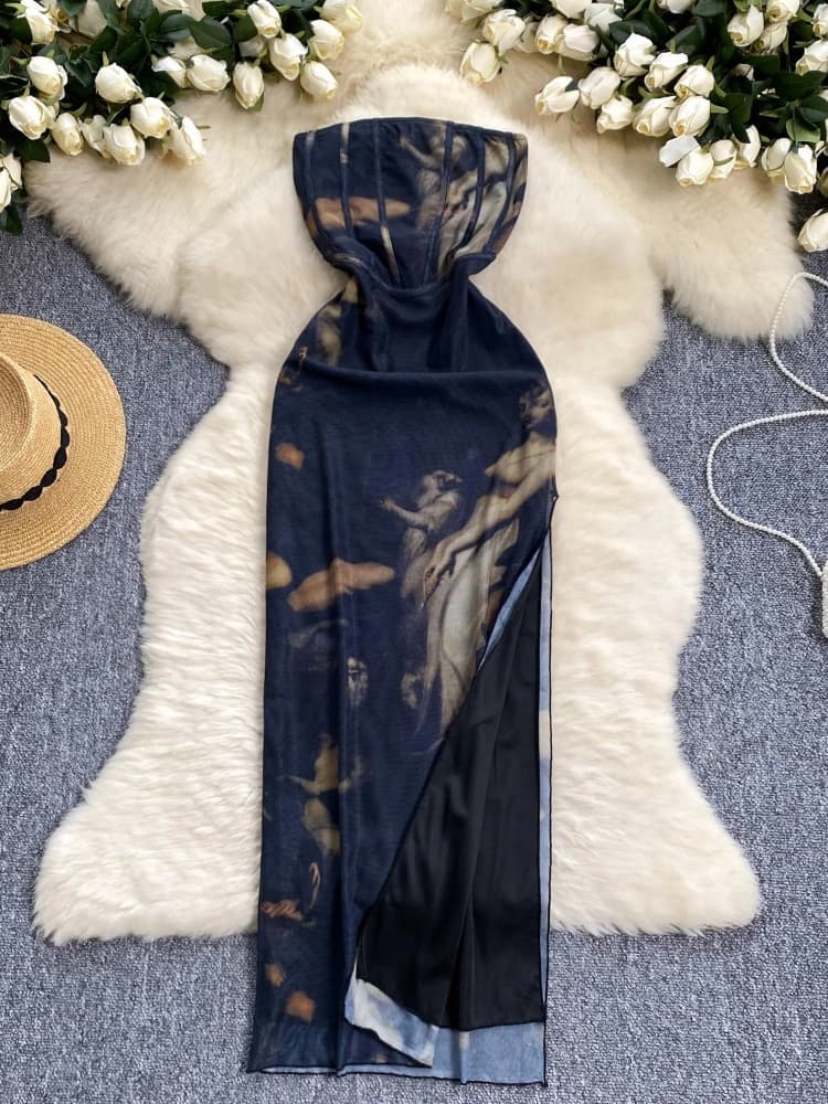 Foamlina Vintage Summer Chic Tie Dye Print Strapless Dress Women Elegant Sleeveless High Waist Slim Side Split Mesh Party Dress