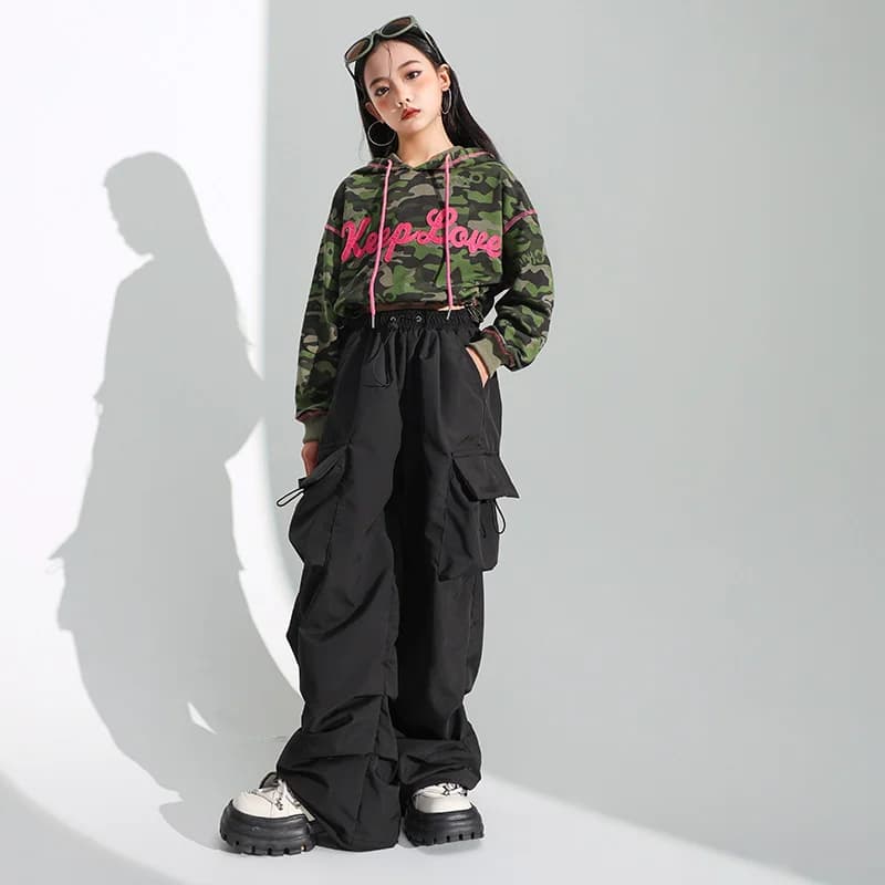 Girls Hip Hop Clothing Camo Crop Tops Hoodie T Shirt Streetwear Casual Cargo Pants for Girl Jazz Street Dance Costumes Clothes