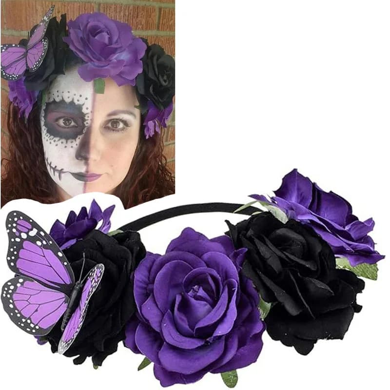 Day of the Dead Rose Butterfuly Headpiece Mexican Halloween Flower Crown Dia de los muertos Headband accesorios para el cabello