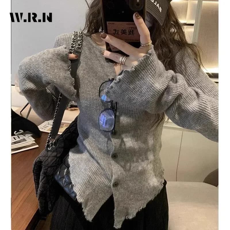 2025 Spring Hotsweet Long Sleeve Single Breasted Ladies Cardigans Women Gyaru Solid Color Knitting Casual O-Neck Sexy Sweater