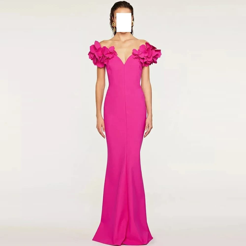 Customized Mermaid Jersey 3D Flowers Evening Dress Sexy V-Neck Off the Shoulder Sleeveless Sweep Train Floor Length Zipper Back