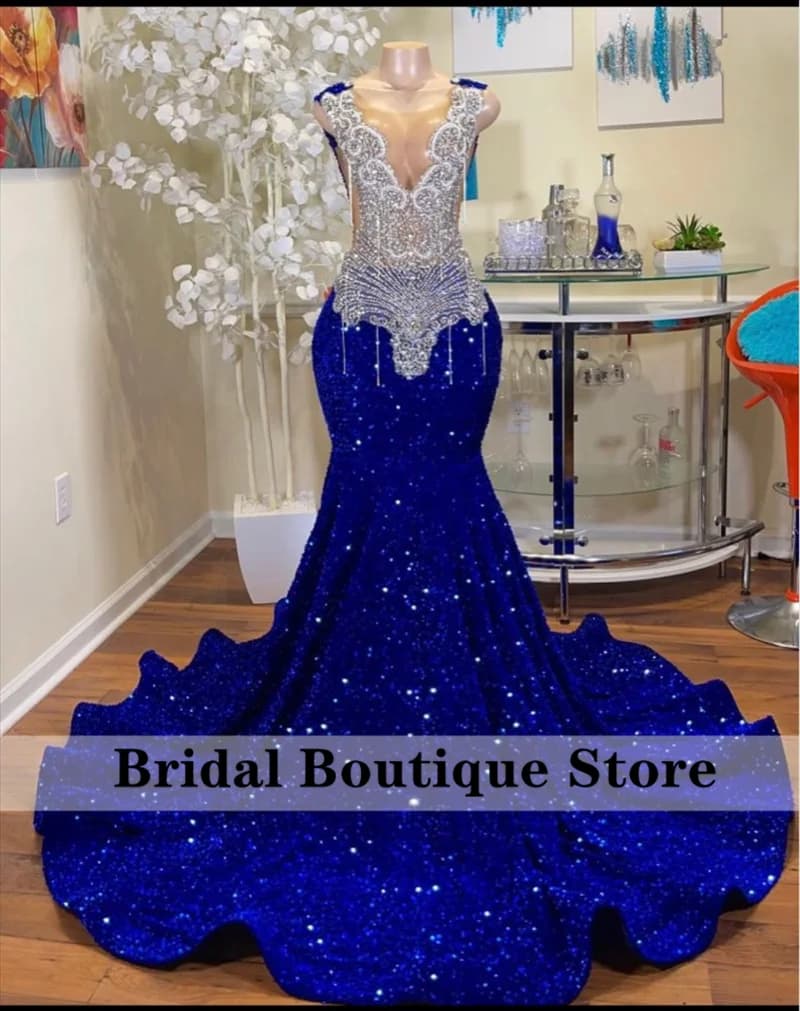 Sparkly Royal Blue Diamonds Mermaid Prom Dress Glitter Sequins Bead Crystal Rhinestones Vestidos Birthday Party Dress Customized