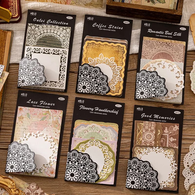 30pcs Vintage Romantic Lace Material Paper Vintage Coffee Imprint Background Paper Card Decorative Lable Junk Journal Planner