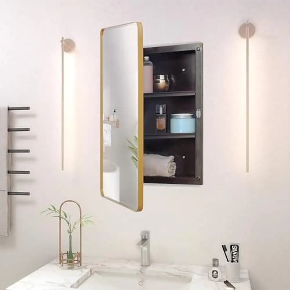 Plastic Medicine Cabinet with Beveled Edge Mirror Door Reversible Opening Adjustable Shelves Bathroom Storage Round Metal Frame