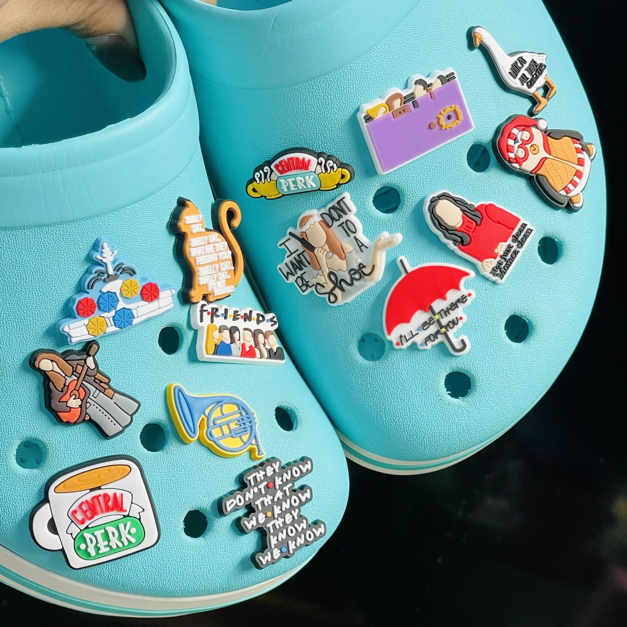 1-14Pcs French Horn Central Park Cat Coffee Shoes Buckle Charms I'll Be There For You Adult Sandals Decorations