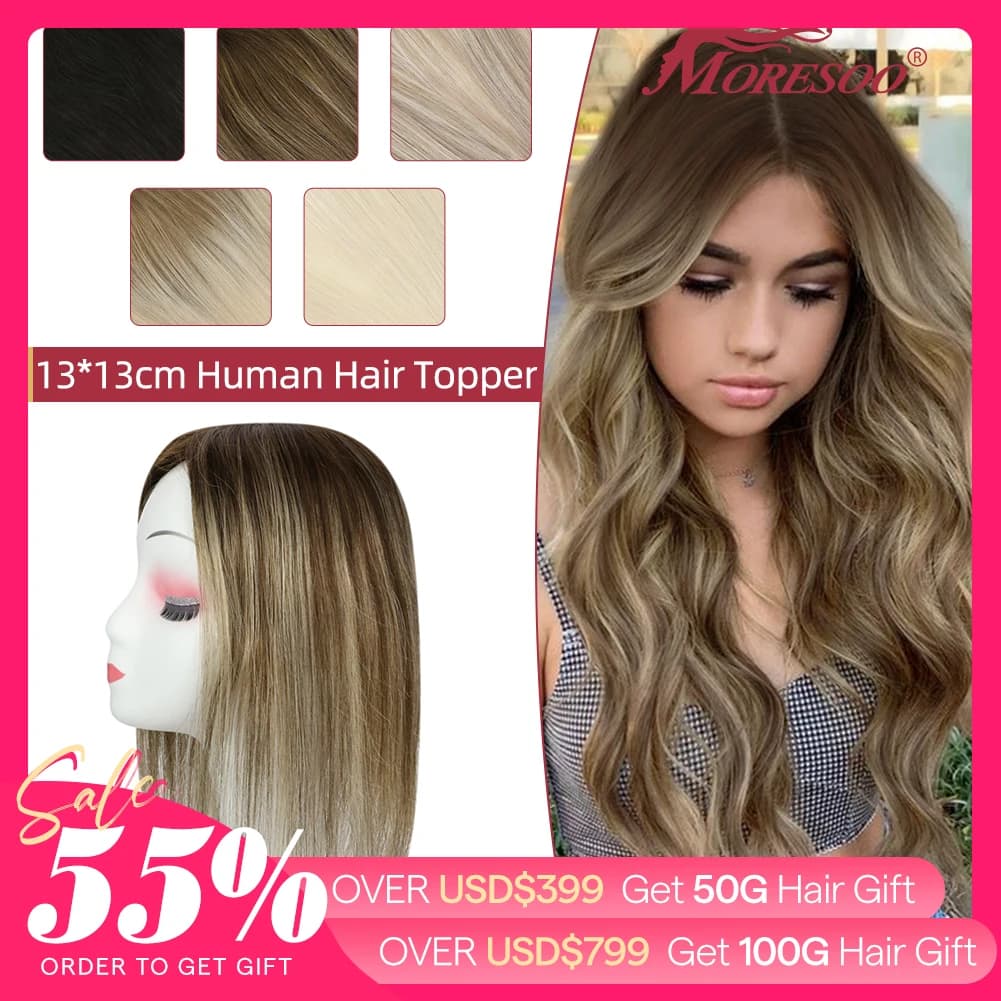 Moresoo Straight Human Hair Toppers Machine Remy Hair Piece Clip in For Women Topper for Beauty Hand Made Mono Base Hair Natural