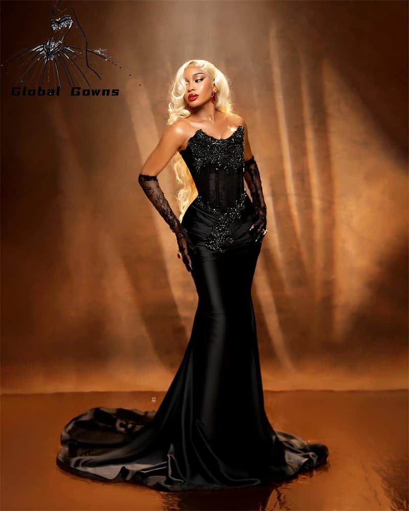 Black Strapless Appliques Long Prom Dresses For Black Girls Beaded Crystal 2025 Birthday Luxury Dress With Glove Customized