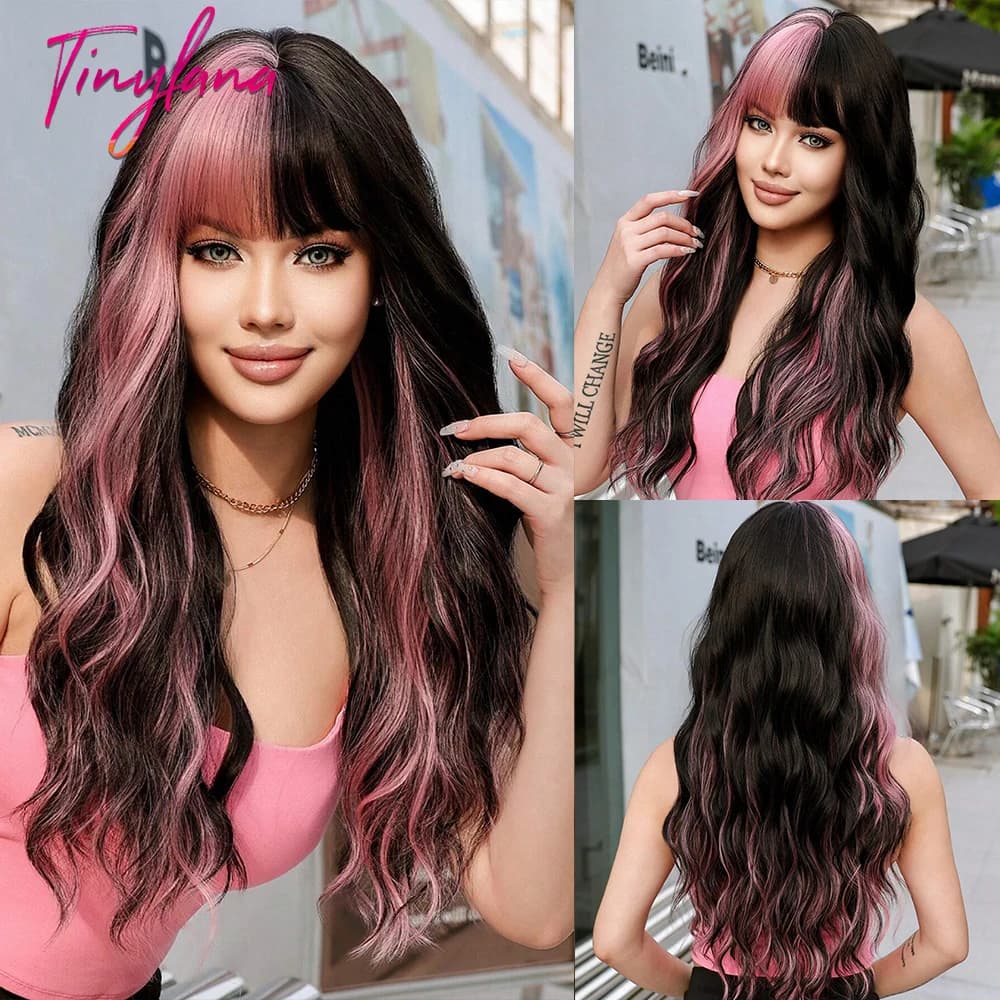 Pink and Black Long Curly Wavy Synthetic Wigs with Bangs Cosplay Christmas Halloween Hair Two Tone Wig for Women Heat Resistant