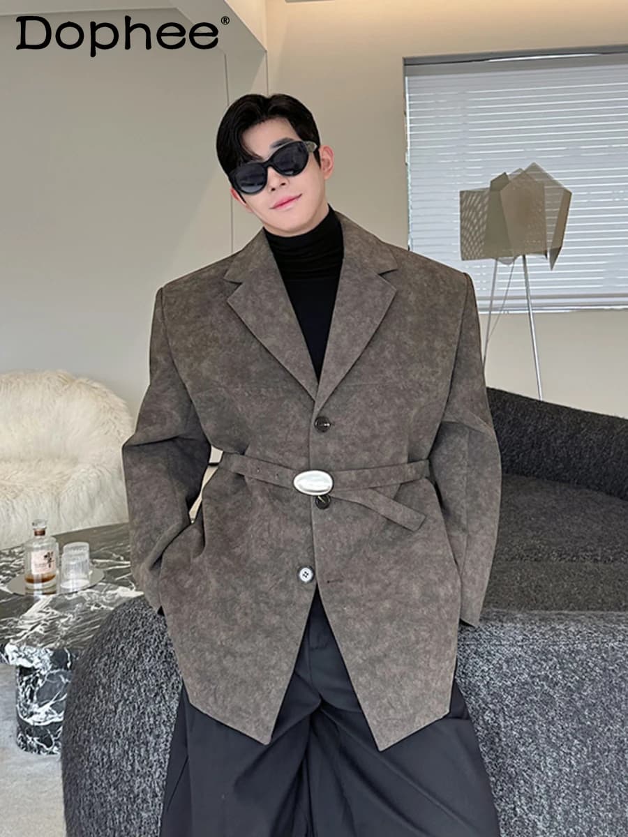 2024 Autumn Winter New Male Suit Jacket Retro Graffiti Painting Single-piece Blazers High-end Handsome Fashion Belt Suit Jackets