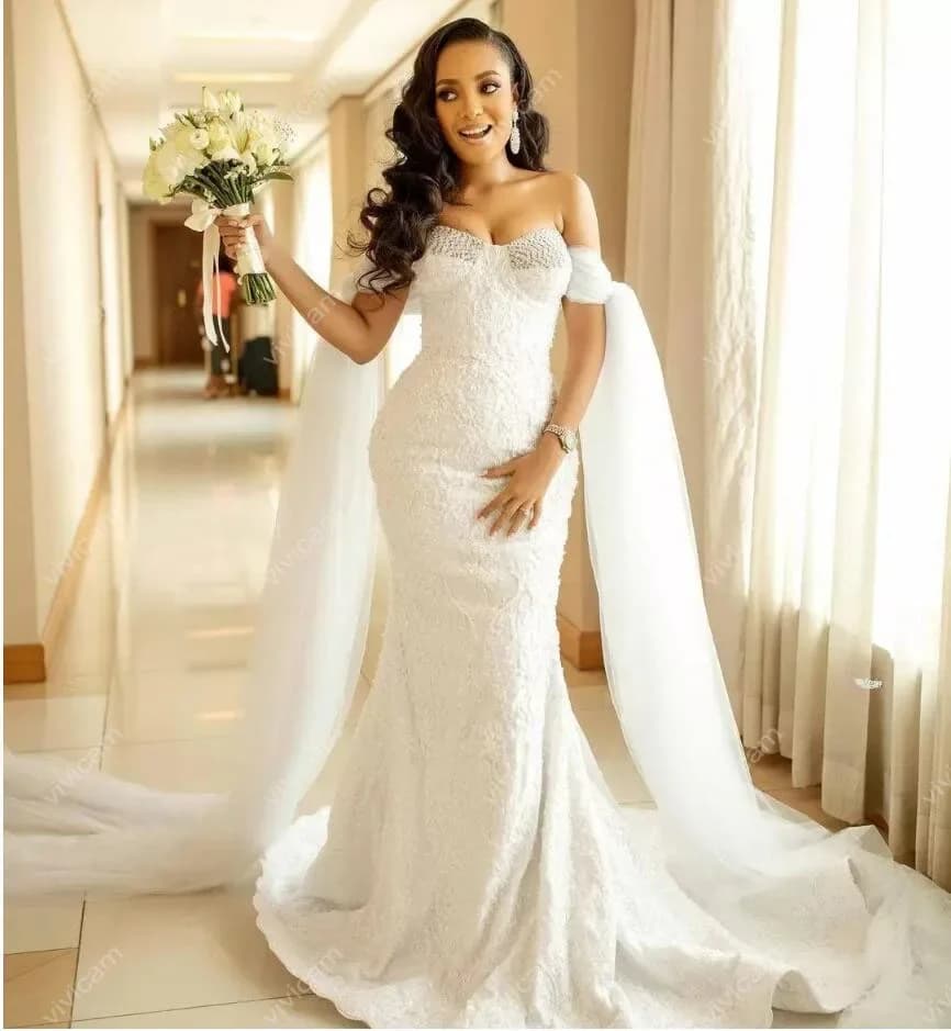 Customized Sexy Beaded Crystals Sweetheart Mermaid Wedding Dresses With Cape Off The Shoulder Lace African Bridal Gowns