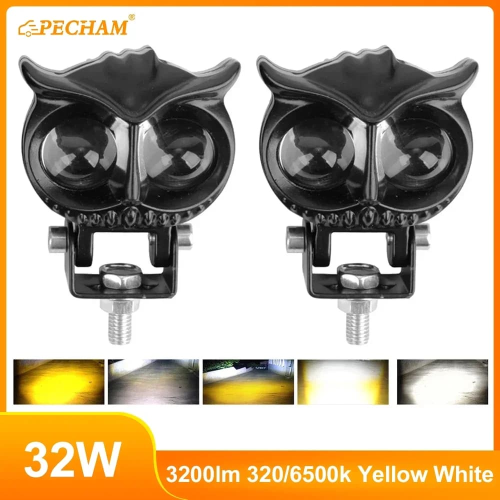 2PCS Dual Color Motorcycle Headlight Owl Design 4 Modes Auxiliary Spotlights Motorbike Scooter Fog Lamp Running Lights