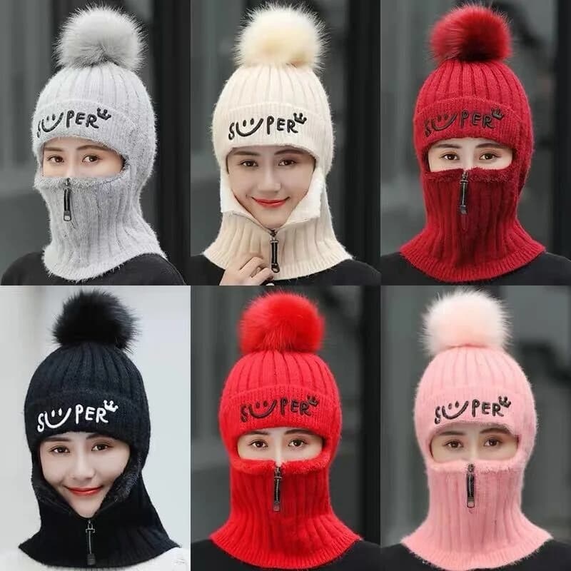 Coral Fleece Winter Women Earflaps Knitted Hats Women Zipper Scarf Keep Face Thick Warmer Balaclava Pompoms Ski Caps