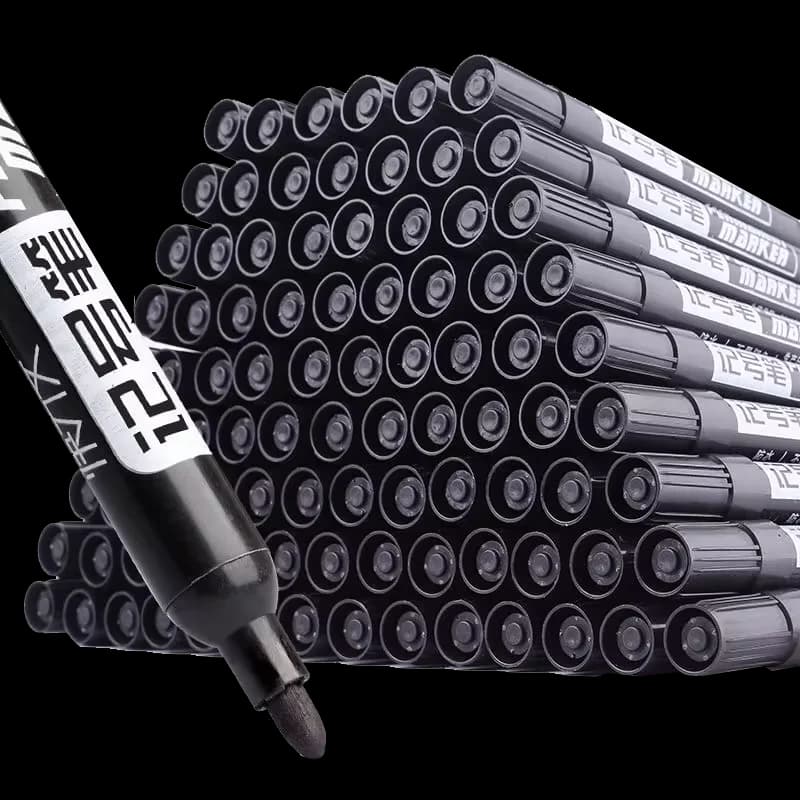 A set of 10 large-tip black ink marker pens for non-erasable marking and notation