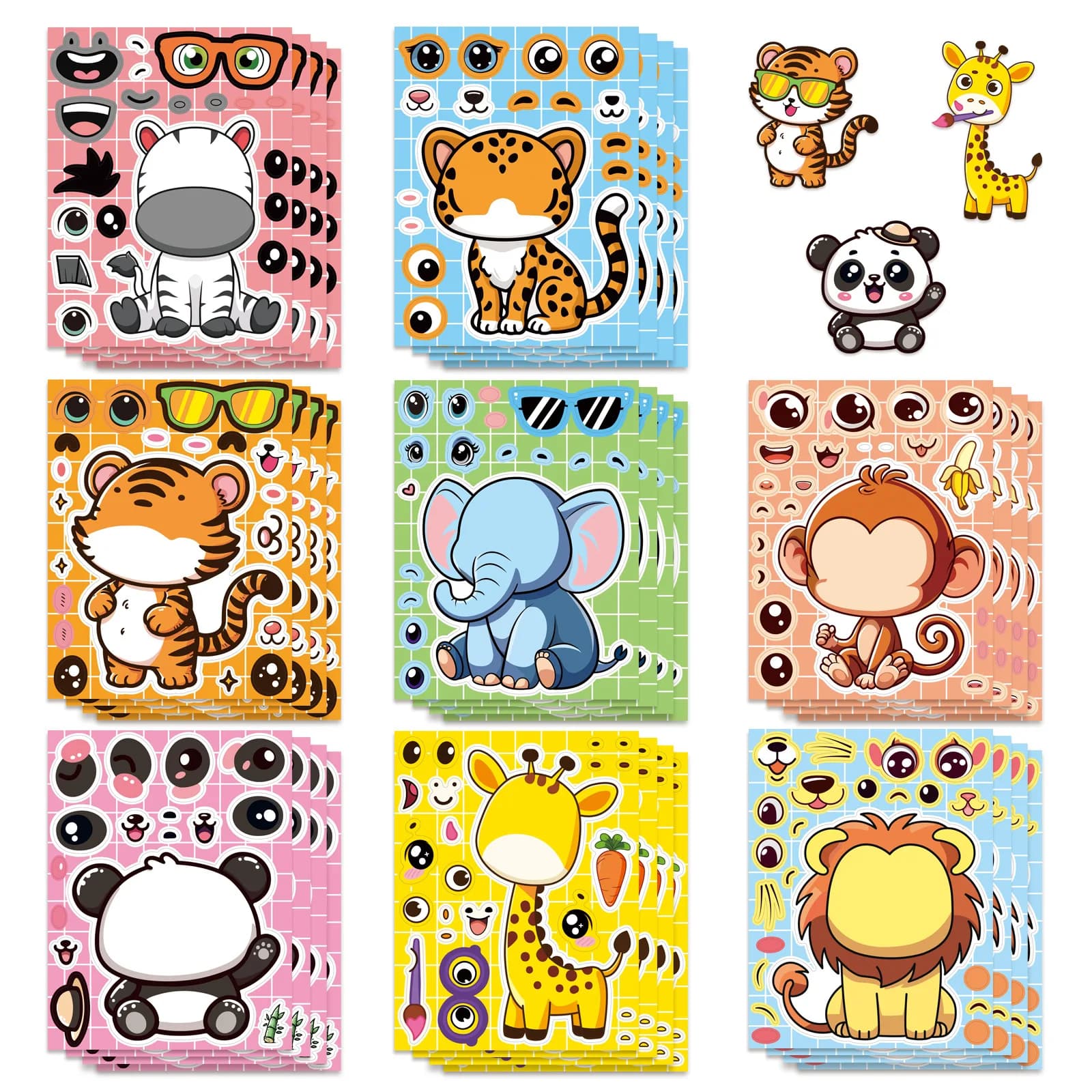 8 Sheets Cartoon Animal Puzzle Stickers Make a Face Cartoon Decals Stationery Notebook Phone Laptop Decoration Children Stickers