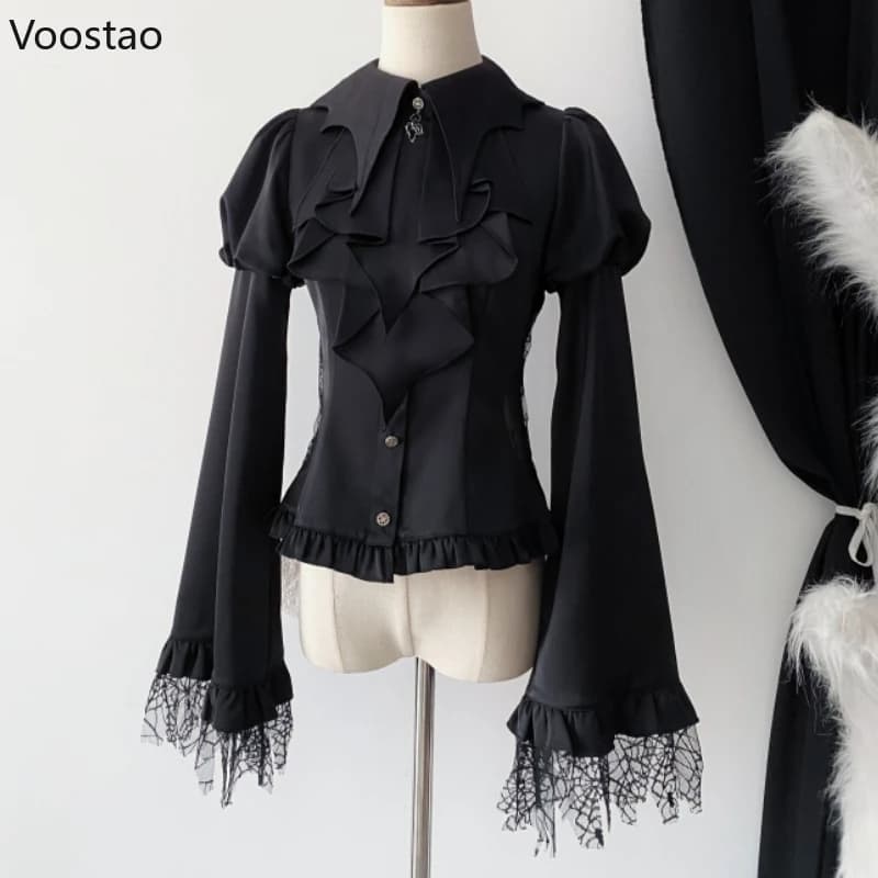 Victorian Vintage Lolita Style Shirt Women Casual Gothic Mesh Lantern Sleeve Slim Blouse Female Y2k Aesthetic Kawaii Tops Blusas