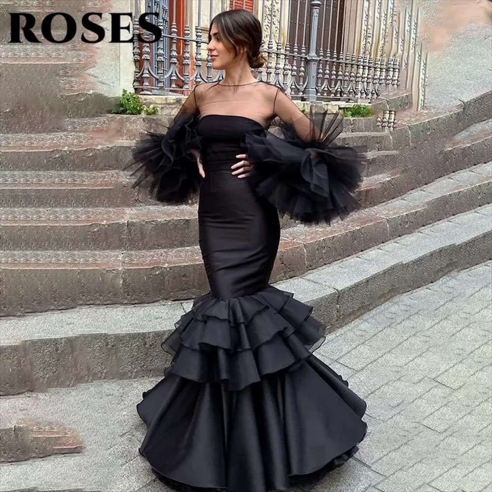 ROSES Black Mermaid Long Puffy Evening Dress Stain Tiered Party Dress for Wedding Puffy Sleeve Special Occasion Dress Customized
