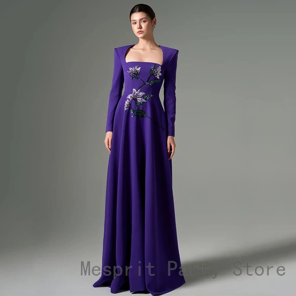 Luxury Purple Evening Dress For Women A Line Prom Dress Floor Length Formal Party Gown Long Sleeves Beaidng Saudi Arabia Dress