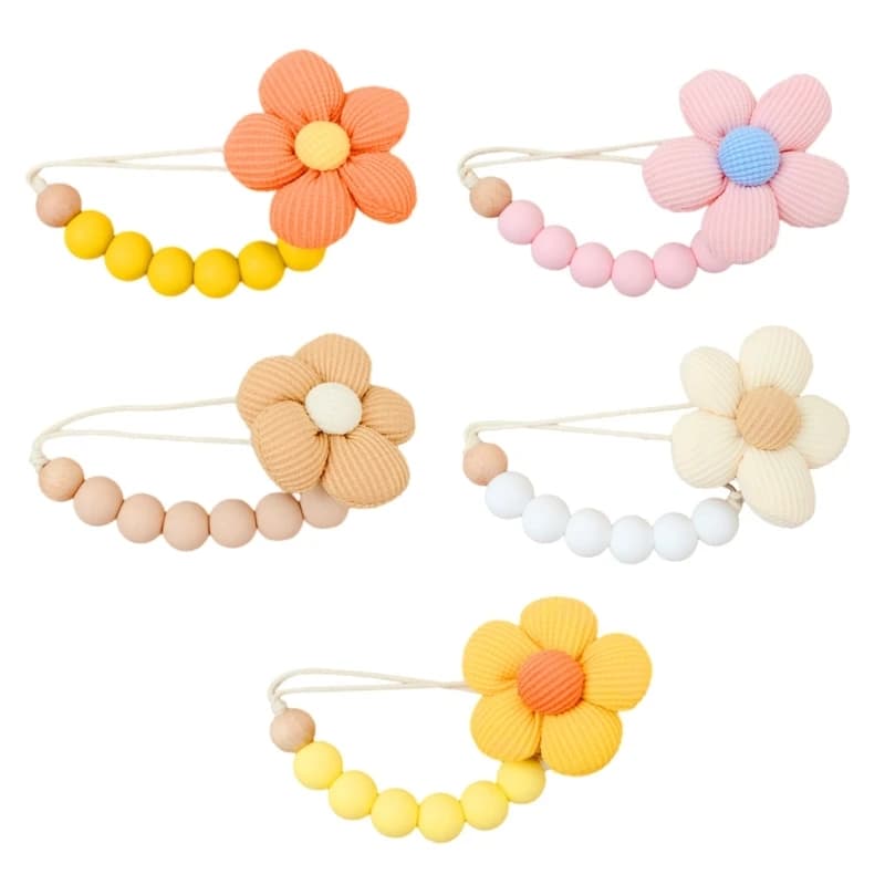 Baby Silicone Beads Pacifier Clip Chain Safe Teething Soother Holder Leash with Flower Decor Crib Hanging Ornament P31B