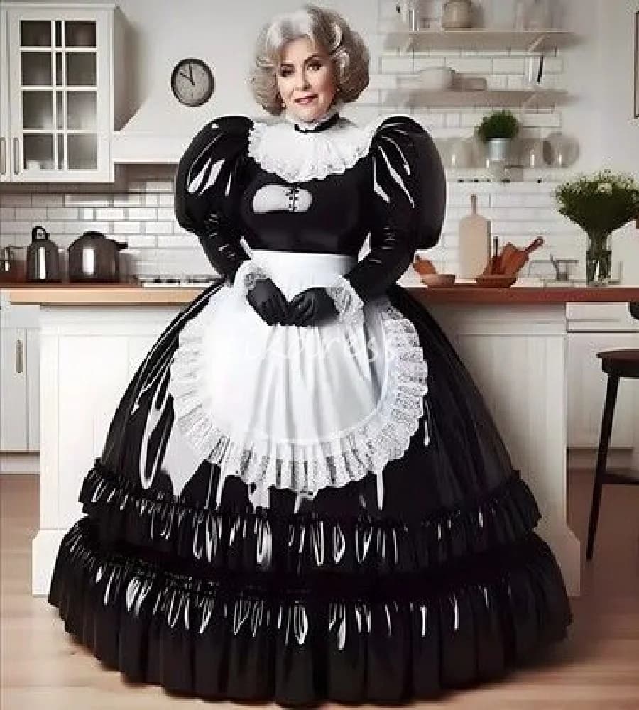 PVC French Maid Black Prom Dress With White Apron Halloween Cospaly Plus Size Evening Dresses 2025 Aesthetic Lolita Customized