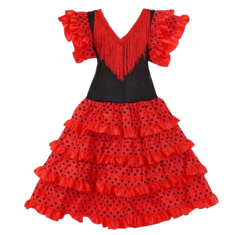 Kids Traditional Spanish Dance Dress For Girls Festival Tassel Dot Dress Four Color Classic Flamengo Gypsy Style Children Skirt