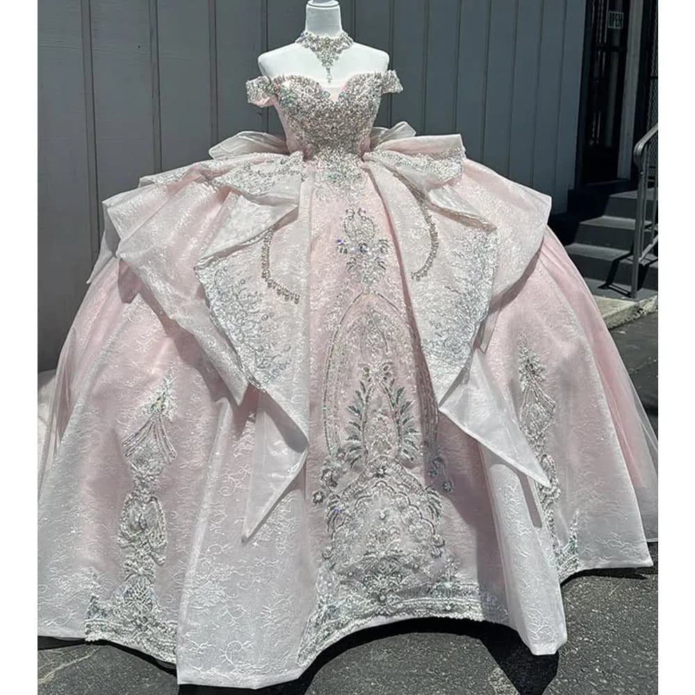 Pink Quinceanera Dresses Bow Sweetheart Corset Glitter Lace Appliques Ball Gown for Teens Pageant Gown Customized