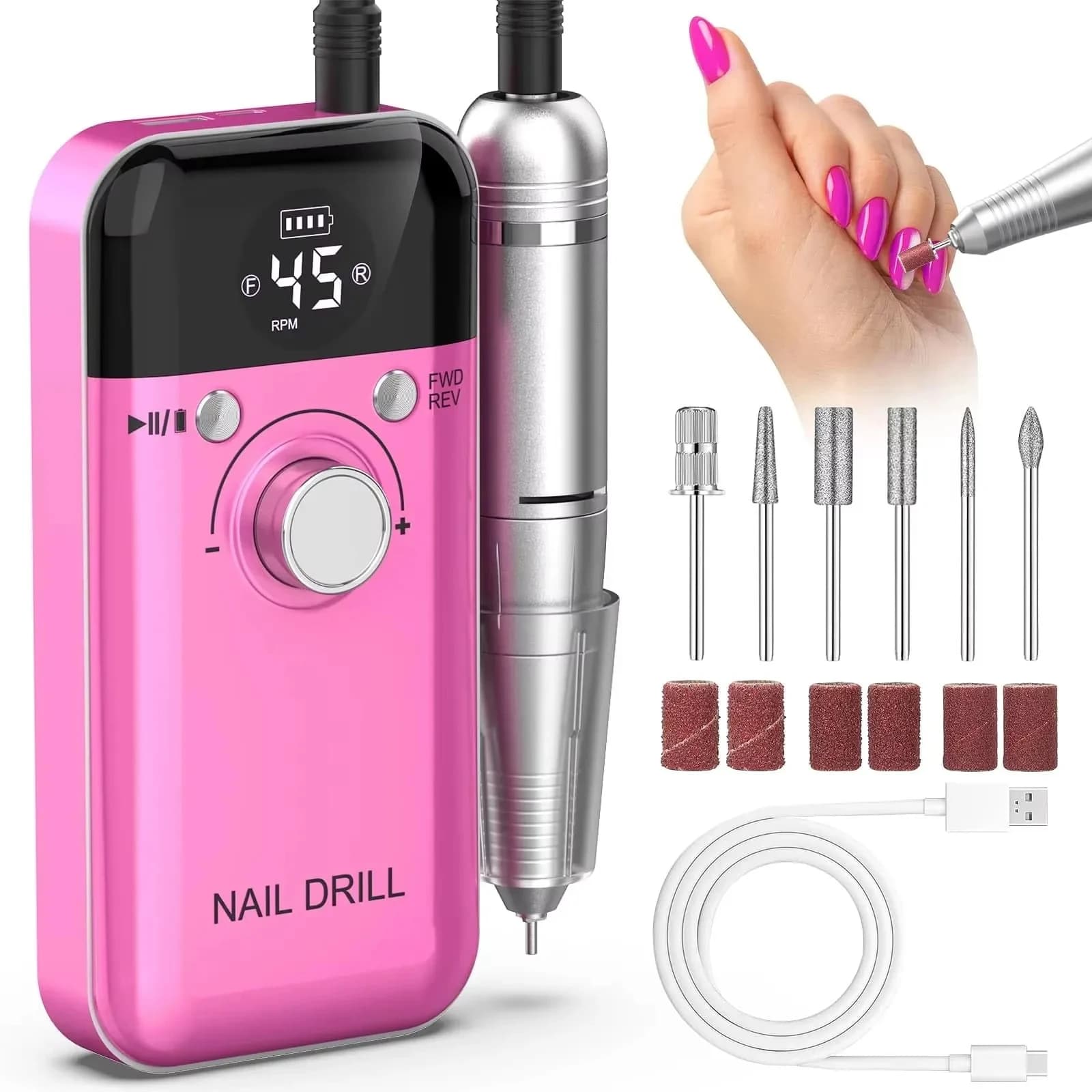 45000RPM Electric Nail Drill Machine Professional Nail Drills for Gel Nails Polish Low Noise Rechargeable Portable Nail File