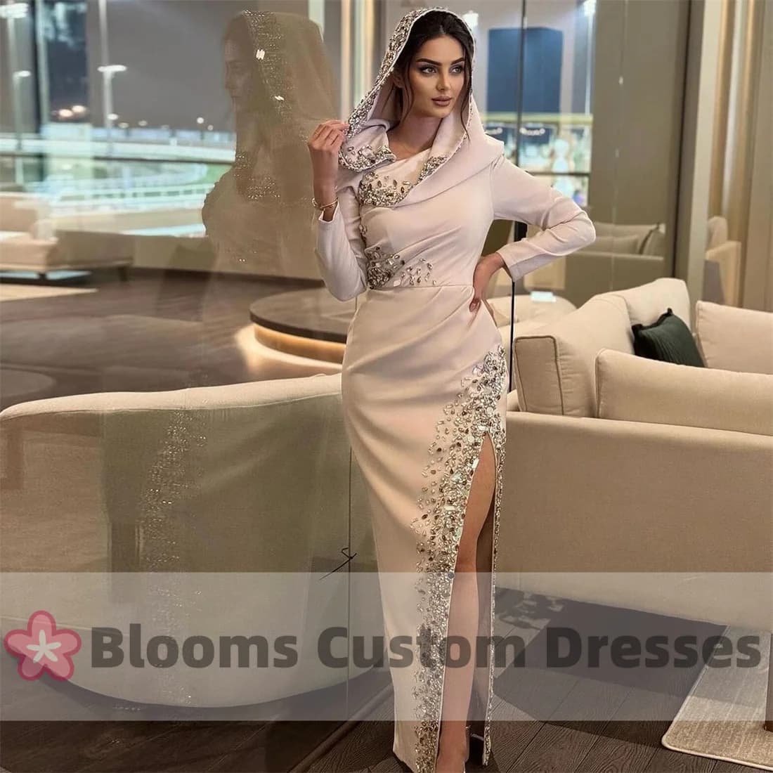 Blooms Customized Long Sleeves Crystal Beaded Luxury Evening Dress Hood Saudi Arabia Prom Dress High Slit Formal Party Gown