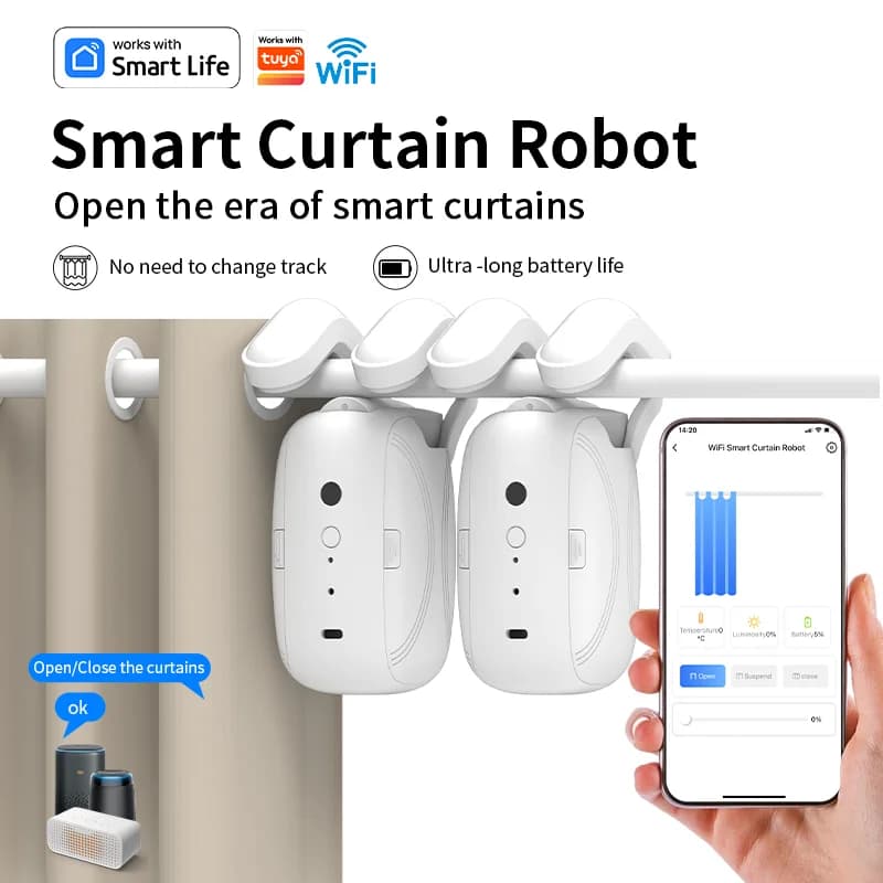 2pcs Wi-Fi Smart Curtain Robot with Voice Control, Roman Rod Track, App Remote Control, Alexa & Google Home Compatibility
