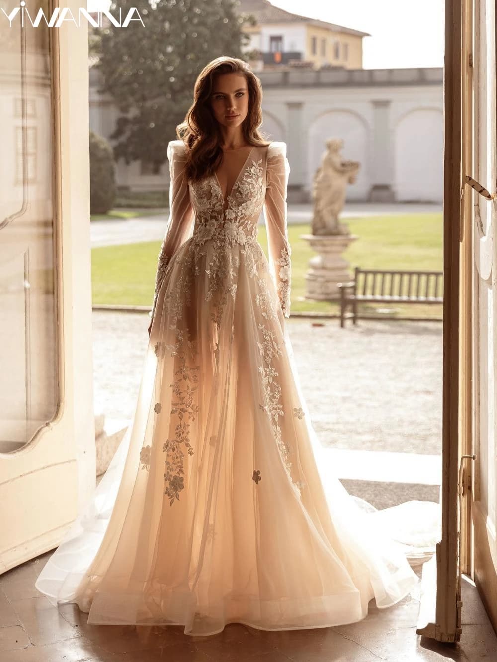 Sexy Backless Illusion Wedding Dress Classic Lace Applique Bride Robe Romantic Puff Sleeve Bridal Gown Customized Robe De Mariée