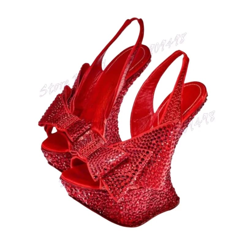 Red Rhinestone Bow Knot Platform Sandals Strange Style Heels Shoes for Women Peep Toe Sexy Lady Shoes 2024 Zapatos Para Mujere