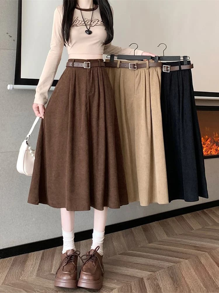 Jmprs Fall Casual Belt Corduroy Skirt Women High Waist Vintage A Line Midi Skirts Korean Loose Retro Female Preppy Style Skirt