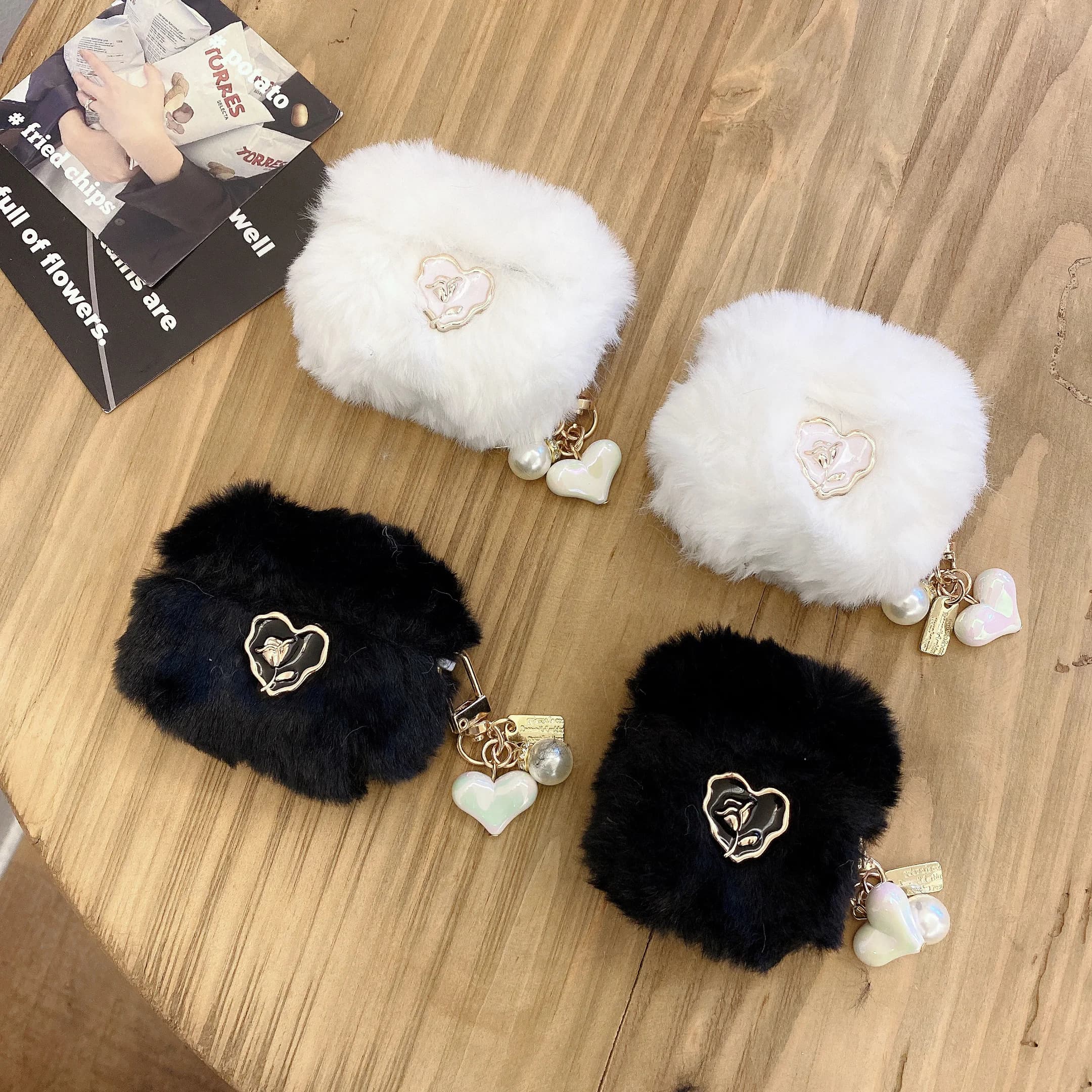 Ins Pearl Heart Pendant Plush Furry Case For AirPods 4 Pro 2 Bluetooth Earphone Cases for AirPods 4 1 2 3 Soft Black White Cover